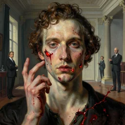 blood enriched by iron, penetrated and scorched, one must withhold he celebrated his doom, avant garde post - morden monumental dynamic interior portrait by magritte and edward hopper, illusion surreal art, highly conceptual figurative art, intricate detailed illustration, controversial poster art