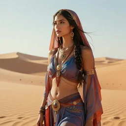 beautiful futuristic desert nomad woman, serene desert setting, transcendent, vibrant color, clean linework, finely detailed, 4 k, confident, moody, dramatic, trending on artstation, photorealistic, volumetric lighting, octane render
