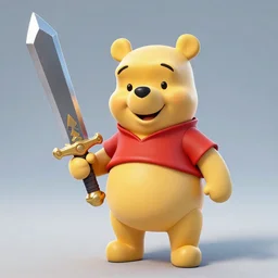 Winnie the Pooh wearing armor, holding a giant sword, ps2 graphic, 3d render, video game