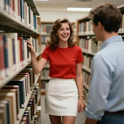 color still of a young female librarian wearing a white mini skirt and red top is laughing at a library patron in the year 1985