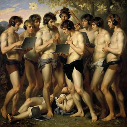 a large group of pre - raphaelite athletic males wearing headset holding macbook! by bouguereau