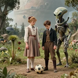 sharp, highly detailed, 435456k film, 1612800mm film still from a sci fi blockbuster color movie made in 2019, set in 1860, of a girl and a boy standing soccer with an humanoid alien creature, next to some alien plants, in a park on an alien planet, all wearing 1860s era clothes, good lighting, good photography, ultra high definition, in focus, 35mm macro lens