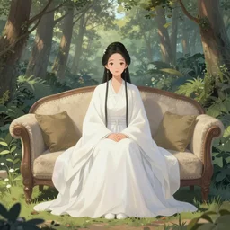 landscape shot of a highly detailed queen sitting by herself on a sofa in a forest wearing a white robe drawn by CloverWorks, elegant, beauty,
