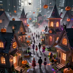 cyberpunk halloweentown with halloween houses, dense, kids in costumes walking, in the year 3 0 0 0, very high details, volumetric fog, raytracing, back light, raymarching, by ilm, by digital domain, by weta digital