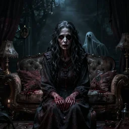 a highly detailed photographic render of a creepy old woman in a dark room, haunted living room, horror, bloody, ghost, creepy, cinematic lighting, cinematic scene, Volumetric lighting, Atmospheric scene, Dark, Horror, Atmospheric lighting, Global illumination cinematic render, film, beautifully lit, ray traced, octane 3D render, octane render, unreal engine