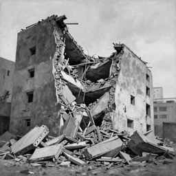 monochrome painting of a building collapsing
