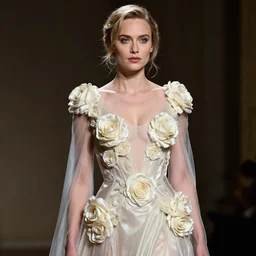 neoclassical hyperrealistic mid shot portrait of a model diane kruger high detail blue eyes woman with a beautiful body dressed with a majestic semi transparent silk cream roses long dress, ornate, intricate, detailed, dramatic light, award winning, artstation, octane render, meredit frampton style