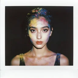 An instax film still of a girl covered in holi powder featured in Vogue and GQ editorial fashion photography, beautiful eye, symmetry face, haute couture dressed by Givenchy and Salvatore Ferragamo