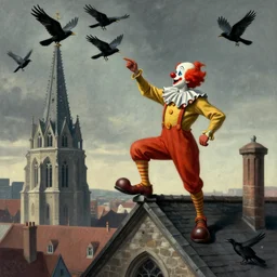 a clown on the roof of the church playing with crows, by android jones and m. c. escher collaboration, futurist, digital art, dramatic lighting, symbolic
