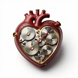 leather-bound clockwork heart, studio product photography, isolated on a pure white background, centered, entire object in frame, sharp focus, soft studio lighting