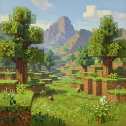 a classic oil painting of a beautiful landscape in the style of minecraft, beautiful detail, rtx lighting, trees, grass, mountains,