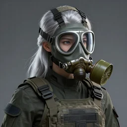 girl silver hair, multicam uniform, gas mask, realistic illustration, cinematic