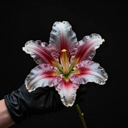 hand in a black glove holds a detailed surreal glass prism lily by chris wood, stunning, elegant deep colors, black background, 4 k photo, featured on behance