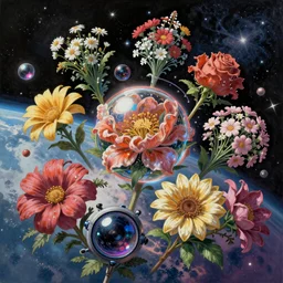 An epic fantastic realism comic book style painting of the most beautiful flowers launched into space, bouquets, fisheye lens, unreal 5, DAZ, hyperrealistic, stars across the cosmos, octane render, dynamic lighting