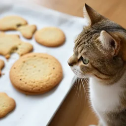 cat looking at a freshly baked cookie