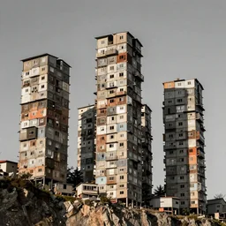 high towers made up of soft - coloured brutalist makeshift squatter shacks, suspended over a cliff, mamiya, uniform plain sky, fine details, photographed by michael wolf