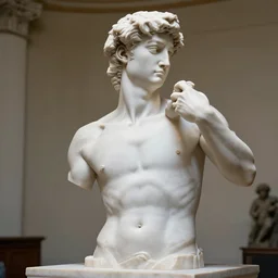 an artist sculptures his own upper body out of a white cubic block of marble, intricate, highly detailed, in the style of michaelangelo