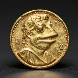 an ancient roman gold coin with the portrait of pepe the frog, smiling, close up photo, ultra realistic, studio photo, bokeh, 4 k, hd, centered