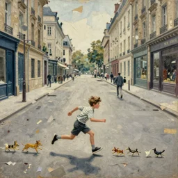 boy chasing small creatures by shaun tan through a 1 9 5 0 empty street in paris, intricate, detailed, torn paper decollage, oil on canvas by edward hopper, ( by mattias adolfsson ), by moebius