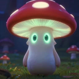 glowing mushroom character with big oval shaped eyes. sharp focus. pixar.