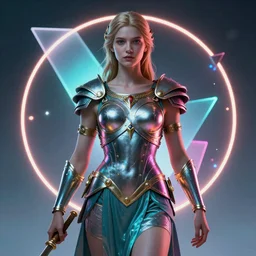 photo of goddes (of war)  in (((neon lighting)) DISPACEMENTS, elegant, highly detailed, smooth, sharp focus, illustration, beautiful, geometric, trending on artstation, cinematic, artwork by WLOP
