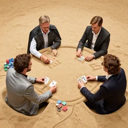 sand drawing of four persons playing poker