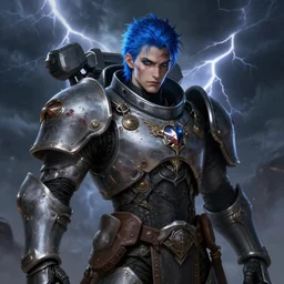 portrait of beautiful gothic and futuristic young man, warhammer, cyber armor, a lot of more and more scars, thunderstorm, blue head, the middle ages, highly detailed, artstation, illustration, more and more composision, 8 k quality, art by jean delville, greg rutkowski