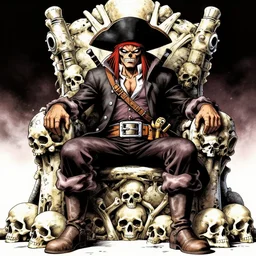 a menacing pirate sitting on a throne made of skulls, by Kentaro miura
