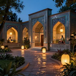 beautiful garden at twilight by Nicholas Roerich and jean delville and Maxfield Parrish , glowing paper lanterns, strong dramatic cinematic lighting , ornate tiled architecture, lost civilizations, smooth, sharp focus, extremely detailed