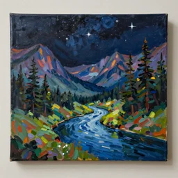 Realist colorful impasto painting of the Salmon River mountain valley at midnight by John Harris, stars in the inky black sky reflect on the darkest blue river surface, ponderosa pines, 4k scan, HDR, oil on canvas, visible brushstrokes