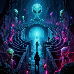 mystical aliens portal in dark spooky labyrinth, highly detailed, bright neon colors, synthwave, cinematic, michael whelan, bruce pennington, vladimir kush, chris foss, alfred kelsner, kubrick, bob eggleton, boris vallejo