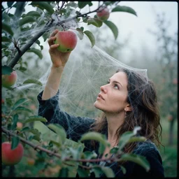 a closeup portrait of a woman wearing spiderwebs, picking apples from a tree in an orchard, foggy, moody, photograph, by vincent desiderio, canon eos c 3 0 0, ƒ 1. 8, 3 5 mm, 8 k, medium - format print