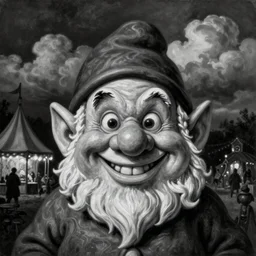 By Tom Bagshaw, ultra realist soft painting of curiosities carnival by night, Dwarf grins beard, symmetry accurate features, very intricate details, ominous sky, black and white, volumetric light clouds