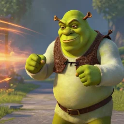 handsome shrek, half body shot, path traced, fight scene, highly detailed, high quality, digital painting