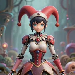 matte painting, by yoshitaka amano, by ruan jia, by conrad roset, by good smile company, detailed anime 3d render of a female jester android, portrait, cgsociety, artstation, quirky mechanical costume and grand headpiece, surreal mystical atmosphere