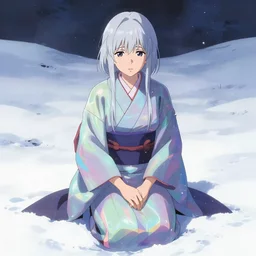 beautiful young Himalayan woman with silver hair, sad, futuristic, somber, iridescent sci-fi kimono, by Makoto Shinkai and Wojtek Fus, by studio trigger, rossdraws, ambient occlusion, clean lineart and color, vibrant, full body, in the snow
