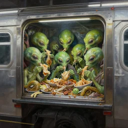 hyperrealism detail painting of subway garbage car full of aliens eating old food, deep displacement, back light, reflections, raytracing, raymarching, subsurface scattering, digital art, painted by bernie wrightson