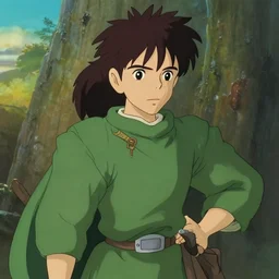 peregrin took from the anime lord of the rings (1986), dark hair, green cape, hobbit, studio ghibli, very detailed, realistic