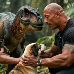 Film still close-up shot of Dwayne Johnson petting a dinosaur in the movie Jurassic Park. Photographic, photography