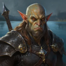 dungeons and dragons half orc character closeup portrait, dramatic light, lake background, 2 0 0 mm focal length, painted by stanley lau, painted by greg rutkowski, painted by stanley artgerm, digital art, trending on artstation