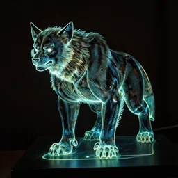 a laser glass sculpture of wolverine, laser glass art.