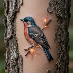 bird tatoos, sparks, tree bark, photorealistic, hd, trending on artstation