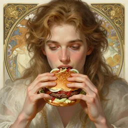 portrait of ted danson eating hamburgers, extra onions and ketchup, luscious patty with sesame seeds, feminine ethereal, handsome, d & d, fantasy, intricate, elegant, highly detailed, digital painting, artstation, concept art, matte, sharp focus, illustration, art by artgerm and greg rutkowski and alphonse mucha