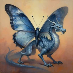 painting of hybrid between butterfly!!!!!!!! & dragon, intercrossed animal, mixture animal, by tiffany bozic, by zdzislaw beksinski, biomorphic, cold hue's, warm tone gradient background, concept art, beautiful composition, digital painting,