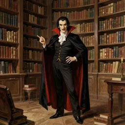 dracula in a giant library, illustration in the style of j. c. leyendecker, norman rockwell