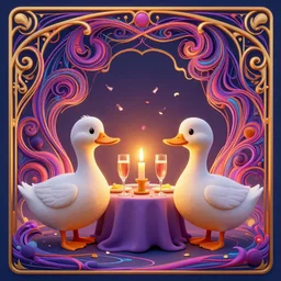two ducks having a romantic dinner with candles champagne confetti, gloomhaven, matte painting concept art, art nouveau, beautifully backlit, swirly vibrant color lines, fantastically gaudy, aesthetic octane render, 8 k hd resolution
