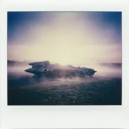ultra wide angle an alien invasion at crashed spaceship at a misty lake backlighting, faded color polaroid, 1 9 2 0 s photography