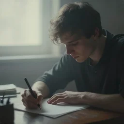 a painting of jeremy mann, a close up view of a young man writing on desk, dramatic vignette, dramatic lighting, afternoon light, dreamy, misty, desaturated, ominous, depressing, unsettling
