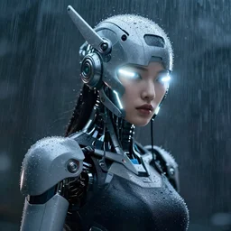portrait photo of female dancer as a cyberpunk mecha humanoid robotic head shoulder parts with straight bright led lights, under heavy rain, ultra - realistic and detailed, hdr 8 k