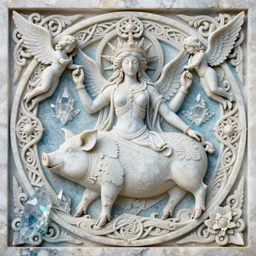 intricate colourfully painted carved Soapstone relief paneling, white and pale blue , celestial, piggy, pig goddess, mother earth, Earth Goddess mythology, Gaia, angels, divinity, Ghostly, crystaline celtic, insanly detailed , artstation, wallpaper, hyper realistic, realistic lighting